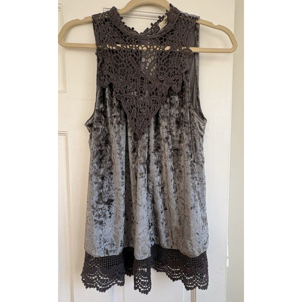 Entro Gray Crushed Velvet Crochet Lace Trim Sleeveless Boho Tank Top Sz M T7955